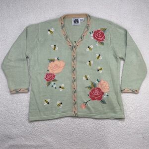 Vintage Storybook Knits Cardigan Sweater 1X Floral Spring Bees Cottage Granny